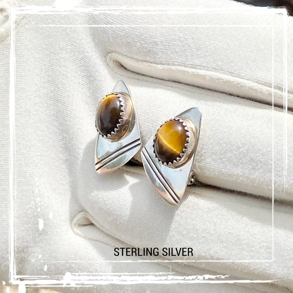 SIGNED-Herbert Cayatineto Navajo Sterling Silver Tiger’s Eye Clip On Earrings - Picture 5 of 11
